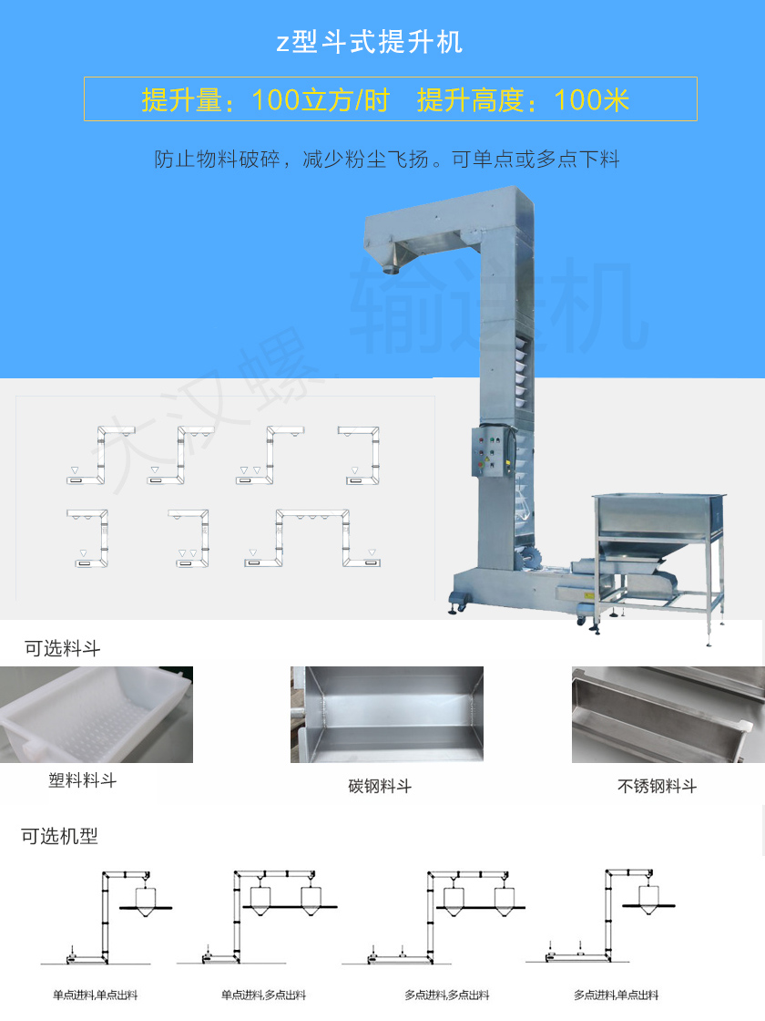 z型斗式提升機(jī)對(duì)物料本身破損小，降低廢品率。整機(jī)殼體密封，降低粉塵飛揚(yáng)，可z型、c型或混合型使用，單點(diǎn)或多點(diǎn)自動(dòng)下料