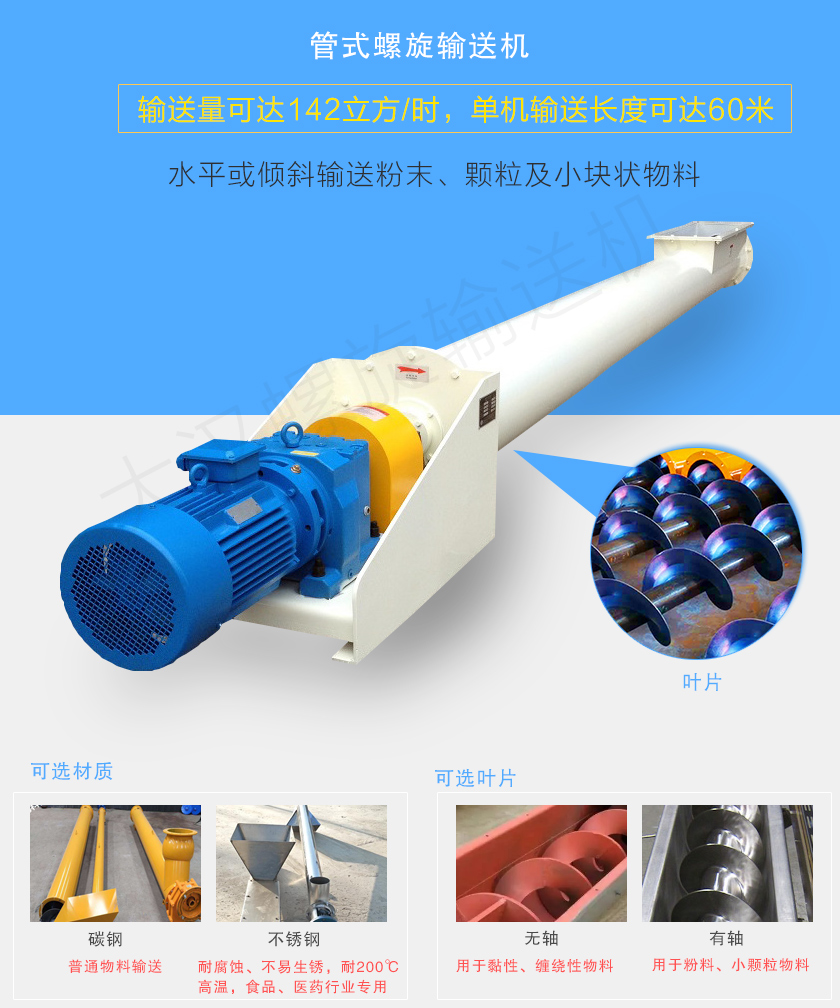 管式螺旋輸送機(jī)可用于水平、傾斜輸送粉末、顆粒及小塊狀物料，分有軸和無軸兩種